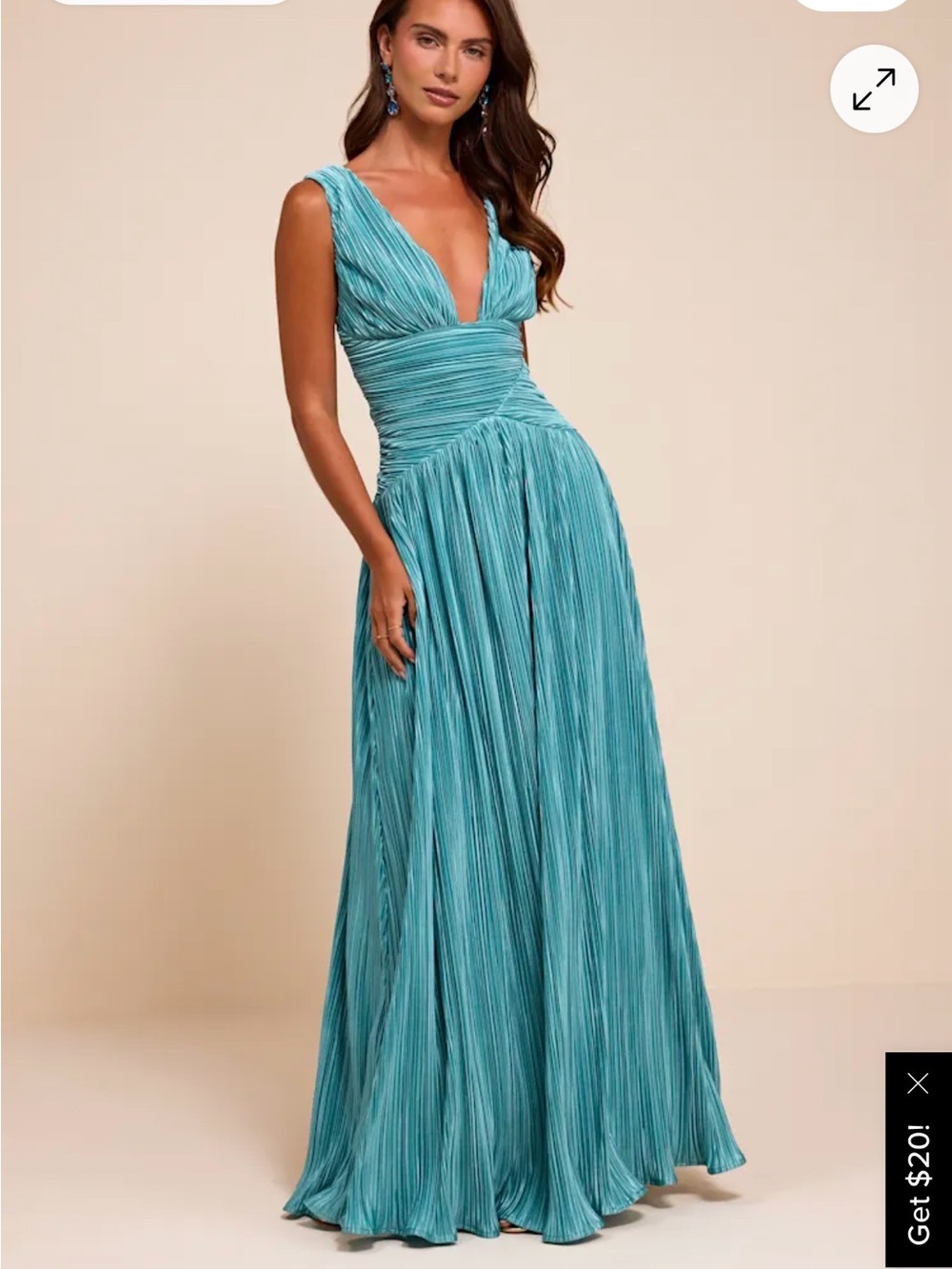 Lulu's Teal Pleated V-Neck Maxi Gown